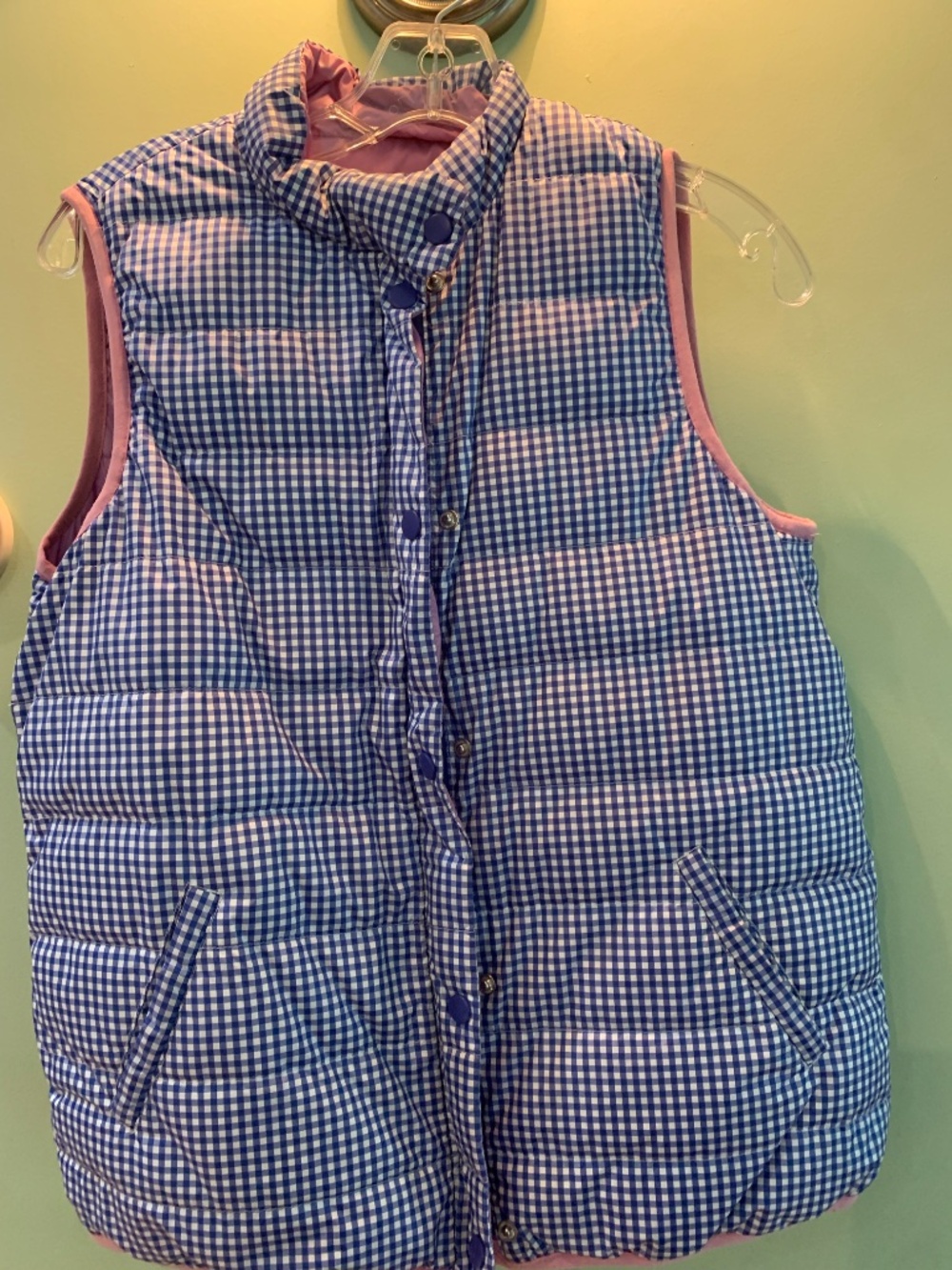 J McLaughlin Violet/Navy Blue Gingham Reversible Down Vest